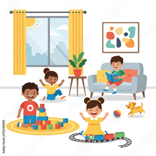 Living room play with happy children and colorful toys depicts joyful innocence. Living room play shows kids enjoying their time, reading books and playing with toy trains.