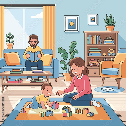 Living room play showing family at home with child and toys. Father reads book as part of living room play, and mother encourages child playing with toys on colorful carpet.