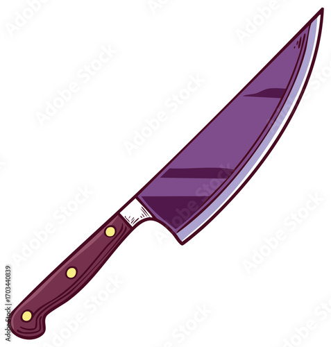 Sharp purple kitchen knife with a wooden handle and metal rivets for cooking and food preparation