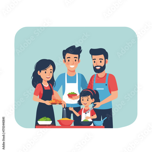 Family cooking illustrated with parents and child working together in kitchen, enjoying food preparation. Family cooking shows collaboration and happy moments.