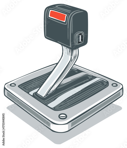 Gear shift lever with indicator lights, metal base. Cartoon illustration.