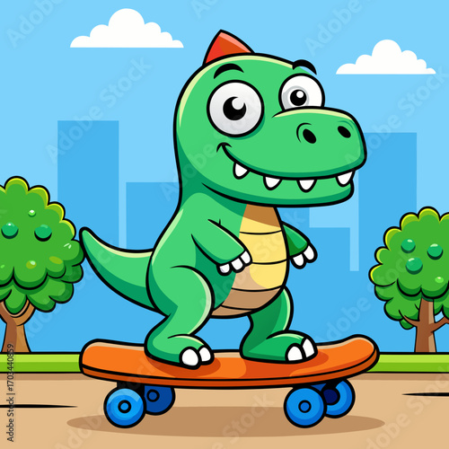 Cartoon fun dinosaur riding skateboard in bright colorful city park.svg