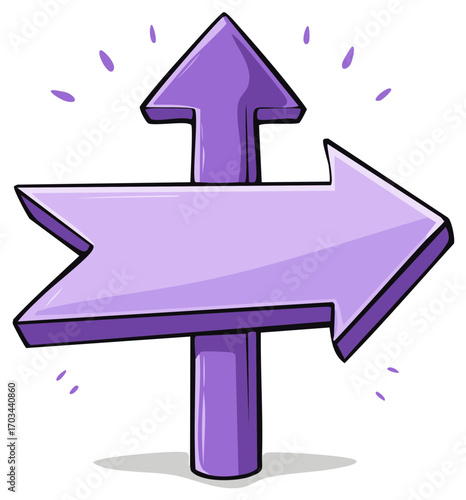 Purple directional arrow sign pointing forward and sideways with sparkling elements