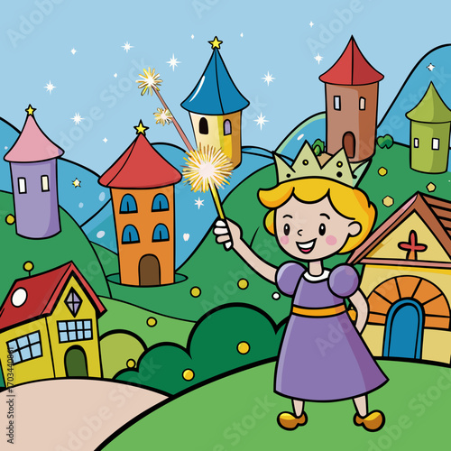Cartoon magical fairy sprinkling glitter over colorful whimsical village.svg