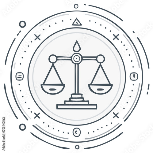 Hand drawn doodle line art icon of scales symbol representing justice law and balance