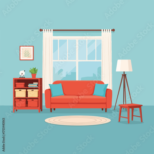 Living room play, flat style, showcases comfortable furnishings and modern layout. Living room play area with vibrant red sofa and coordinating shelving, inviting atmosphere for family fun.