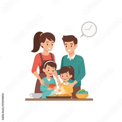 Family cooking together with mom and dad teaching their kids. Family cooking brings everyone together in harmony and helps the little ones learn. Express family cooking for family bonds,