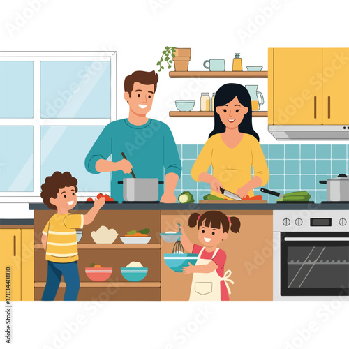Family cooking at home with parents and kids preparing food together in kitchen. Family cooking involves mom slicing vegetables and dad stirring pot with children around.