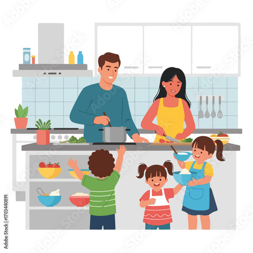 Family cooking in kitchen scene with mom, dad, and children preparing dinner together. Family cooking and food preparation showing happy family around kitchen island, working side by side on dinner.