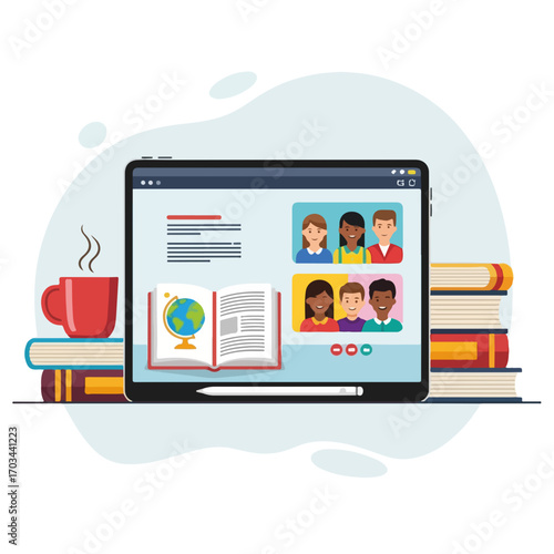 Online education depicted on study tablet alongside books and a steaming cup of tea. Online education graphic shows diverse students and academic resources, enhancing learning.