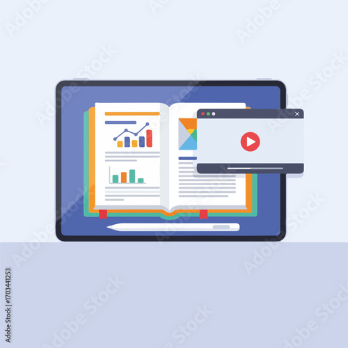 Study tablet with open textbook and video tutorial displayed on screen. This study tablet helps to review learning material with interactive methods. Concept study tablet for e-learning platform,