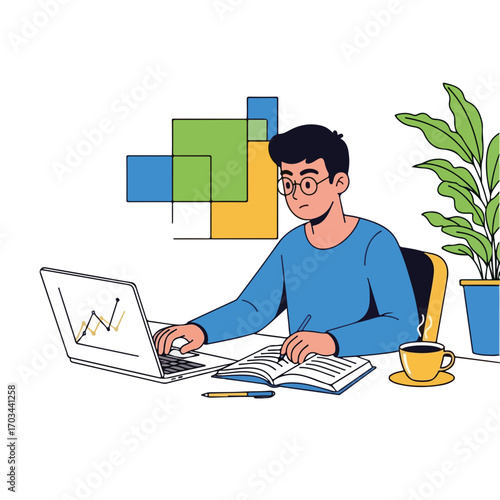Remote working scene shows man using laptop for remote working, focusing intently on screen while seated at desk. Remote working at home involves taking notes in notebook,