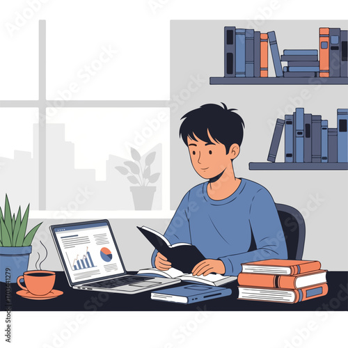 Laptop home office setup with young man reading book at his desk, surrounded by books. Enjoying the laptop home office with a relaxing break, books, and coffee, person concentrates, finds inspiration,