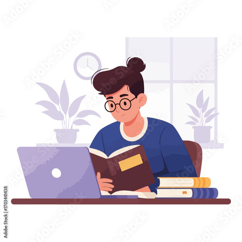 Reading book and working on laptop home, showcasing focus, concentration, and convenience of remote learning. Reading book at home includes taking notes and researching for assignment,
