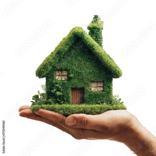 A hand is holding a house made of plants