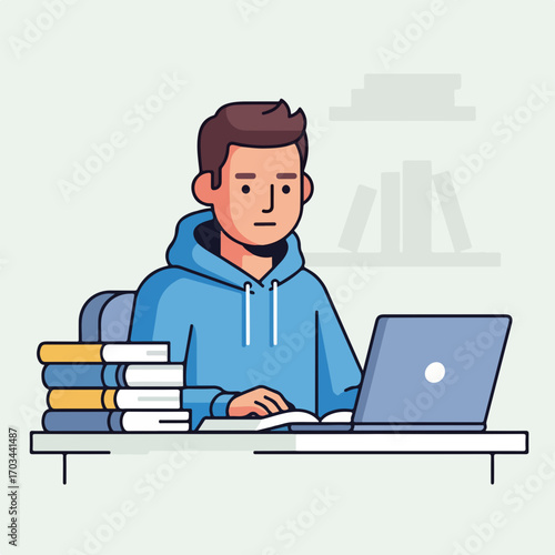Laptop home office setup showing student in hoodie studying with books. Laptop home provides space for remote learning and online courses with focus.
