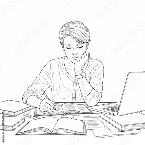 Woman studying at home with laptop among open books captures the essence of learning. Woman at home studies in her room and takes notes in notebook, preparing for exams,