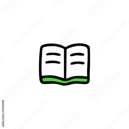 Open book icon, black outline with lime green spine