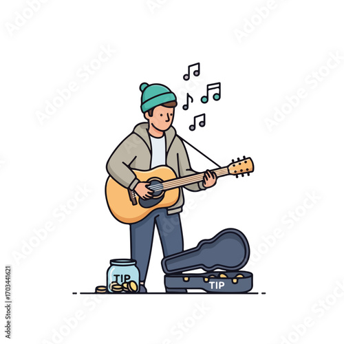Depiction of street music with musician wearing hat playing guitar and singing, outdoor, for coins. This street music scene shows performer with instrument and tip jar ready for donations.