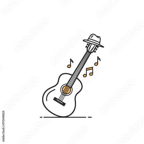 Street music icon featuring guitar with hat and musical notes, street music illustration. This street music design showcases musical passion and instrument, representing artistic expression.