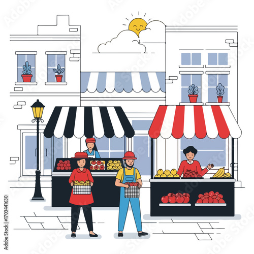 Street music fills air as vendors sell produce at open air market, with sunny skies overhead, showcasing bustling community activity. Street music, combined with vibrant sights and sounds,