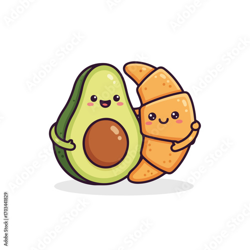 Cute avocado croissant characters are hugging. Adorable avocado croissant characters standing with cheerful expressions. Image cute avocado croissant characters for friendship, food, friends,