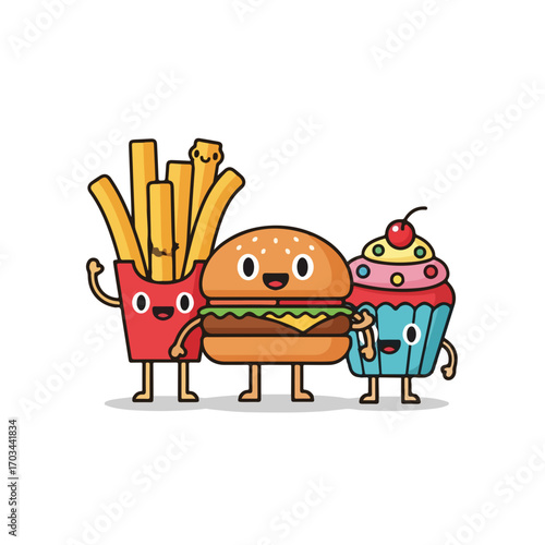 Food friends cartoon characters of a hamburger, cupcake and fries standing together. These food friends are happy and bright, ready to make you smile. Food friends cartoon for children's design.