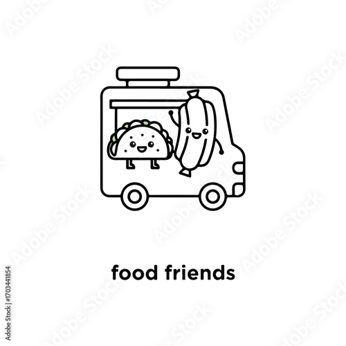Food friends in line art style feature taco and sausage characters near food truck. Creative food friends concept showcases smiling characters near street eatery.
