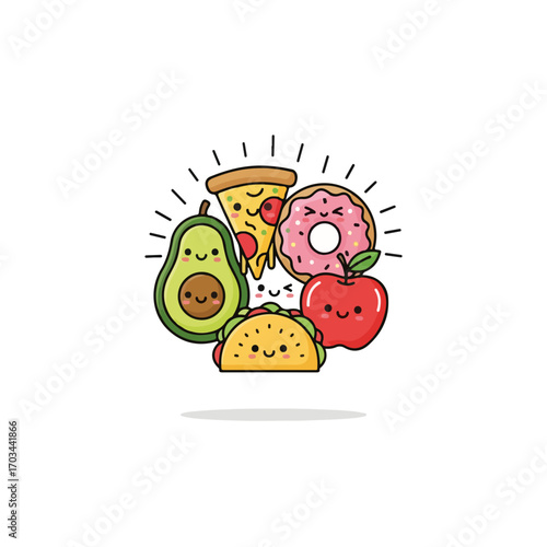 Smiling food friends with avocado, taco, pizza slice, doughnut, and apple form cute, happy group. Smiling food friends are adorable mascots with kawaii facial expressions and bright colors.