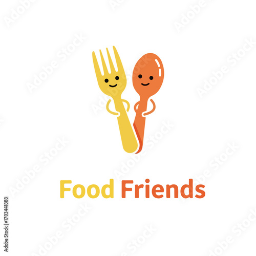 Food friends graphic shows smiling fork and spoon characters. Cute food friends are designed for a logo or icon. Illustrative food friends suitable for a food blog and social media.