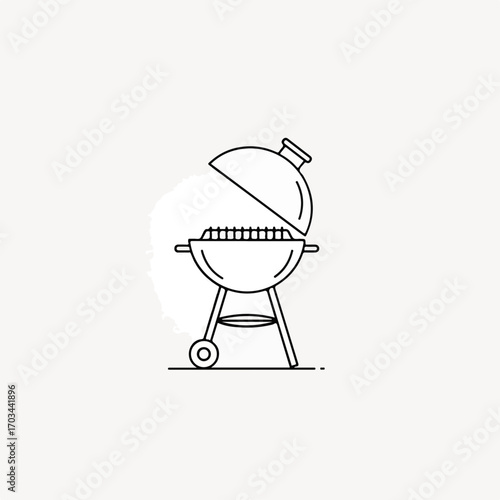 Grill line art showcases outdoor cooking equipment, highlighting open grill and its simplistic design. Grill line art provides illustration of charcoal grill with lid, wheels, and round body.