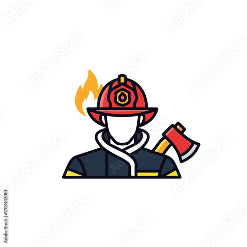Firefighter clip art featuring a uniformed firefighter, axe and flame on white background. Firefighter hero depicted, showing helmet, coat, and tools.