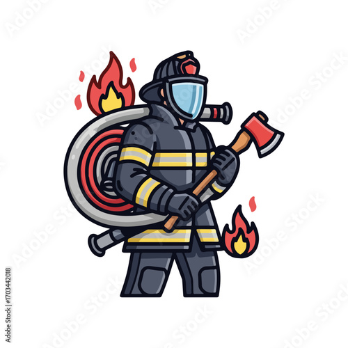 Firefighter illustration shows brave rescuer in uniform with axe, ready for action, firefighter illustration. Firefighter illustration includes equipment: hose, helmet and breathing apparatus.