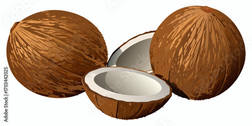 A realistic, high-resolution image of a coconut in different stages of being opened, placed on a clean white background. The image includes one whole brown coconut with a rough, fibrous shell; a half 