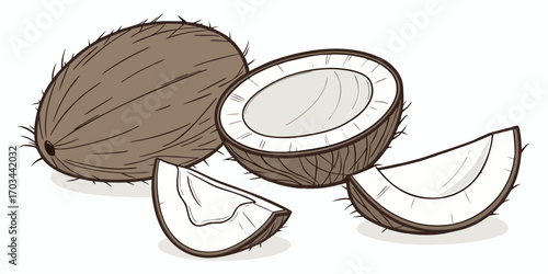 A realistic, high-resolution image of a coconut in different stages of being opened, placed on a clean white background. The image includes one whole brown coconut with a rough, fibrous shell; a half 