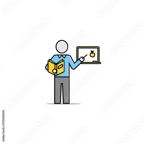 Back to school vector illustration of teacher with book and blackboard in classroom. Back to school scene includes tutor, book, and apple, indicating the start of semester.