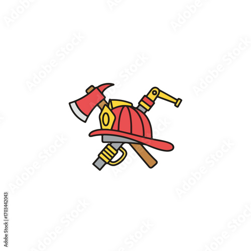 Firefighter equipment with axe and helmet as school supplies. Firefighter equipment is essential gear for safety. Conceptual firefighter equipment for back to school designs.