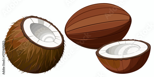 A realistic, high-resolution image of a coconut in different stages of being opened, placed on a clean white background. The image includes one whole brown coconut with a rough, fibrous shell; a half 