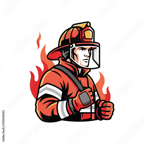 Firefighter portrait in uniform and helmet with flames on white background. Emergency responder in action, fire fighting and safety gear shown, including protective gloves and shoulder strap.