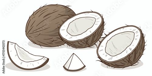 A realistic, high-resolution image of a coconut in different stages of being opened, placed on a clean white background. The image includes one whole brown coconut with a rough, fibrous shell; a half 