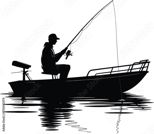 Fisherman casting rod from boat on water fishing reel