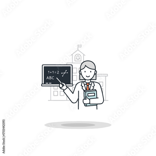 Back to School themed illustration featuring teacher with a chalkboard. Back to School character showing math equations and letters on blackboard, holding books near schoolhouse.