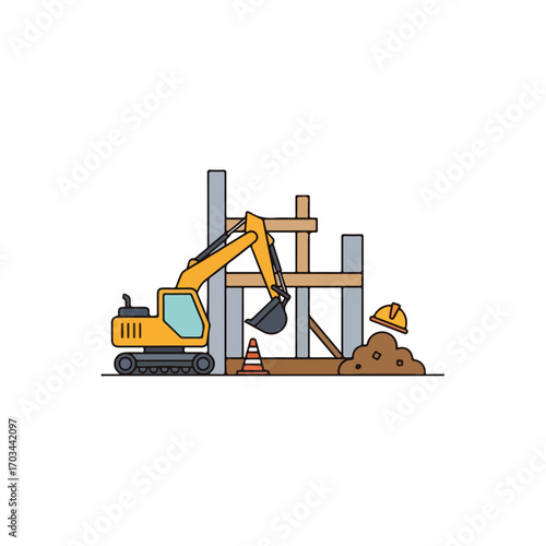 Excavator at construction site with traffic cone and worker hardhat. Construction site showing heavy machinery, concrete supports, wooden framework, safety cone, and helmet near pile of soil.