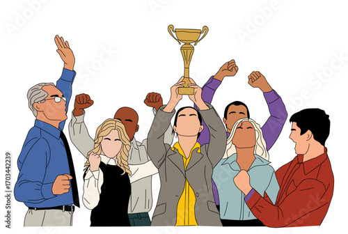 Diverse business team celebrating success, holding a trophy, and cheering with raised fists in a dynamic and motivational scene. Hand drawn vector illustration isolated on transparent background