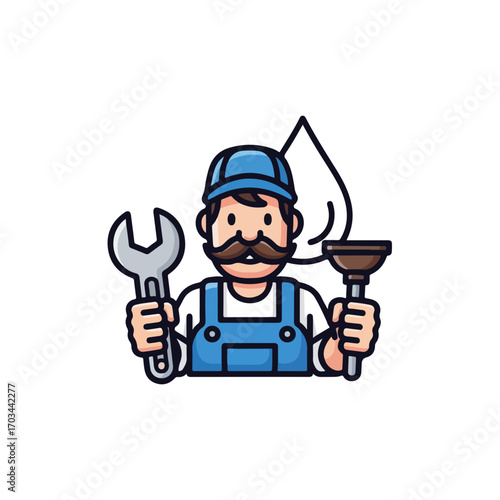 Cartoon plumber illustration with a wrench and plunger ready to work. Cartoon plumber character smiles, wearing overalls and hat, holding his equipment for fixing problems.