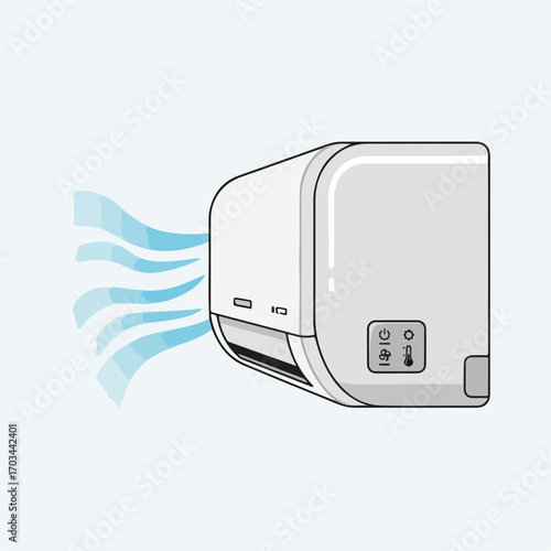 Air conditioner blowing cold air with control panel, home appliance to regulate temperature. Air conditioner ensures optimal temperature, features cool air with wave design for modern living.