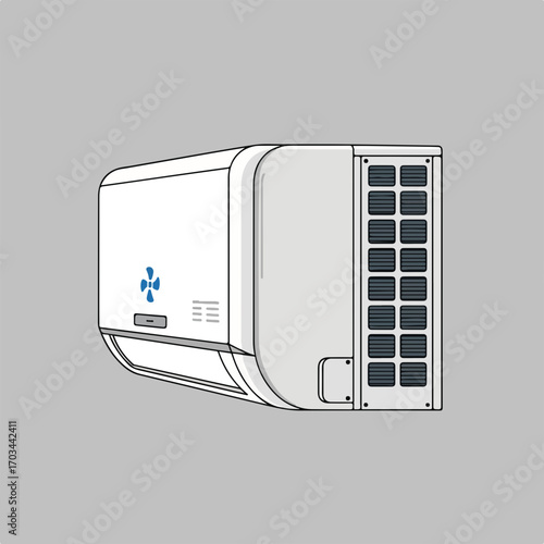 Air conditioner isolated on simple gray background, showing cooling appliance for home. Air conditioner provides climate control, purifying air in house and office. Appliance,