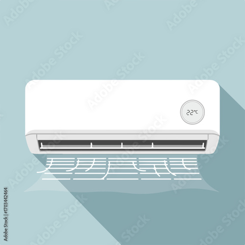 Isolated air conditioner unit against blue wall displays cold temperature, white air conditioner. Split system provides comfort in classroom. Illustration air conditioner,