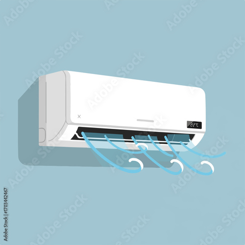 Isolated air conditioner blowing cool air into interior, showing clean and fresh breeze. Home air conditioner regulates pleasant temperature with a remote control,