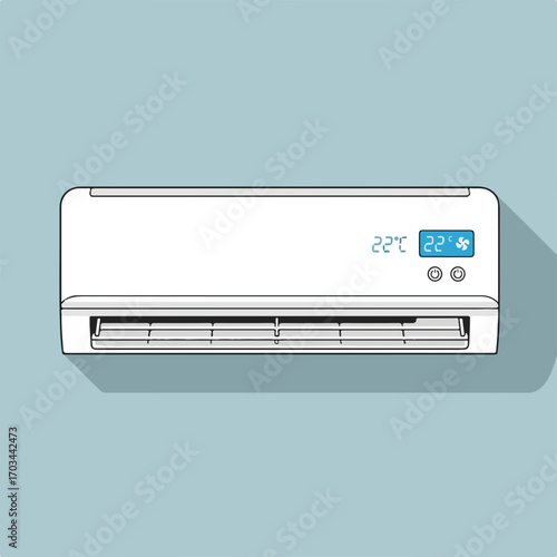 Wall-mounted air conditioner with digital display on pale blue background. Air conditioner system shows a comfortable temperature. Presenting air conditioner unit,